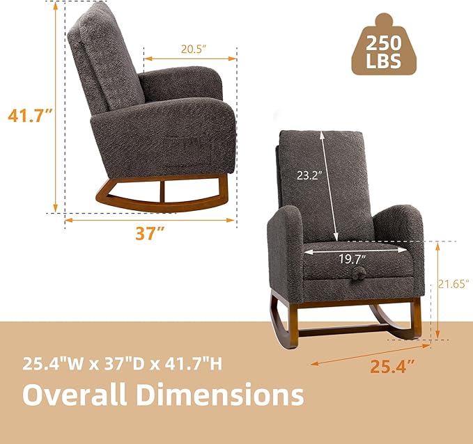 Dolonm Rocking Chair Nursery,Glider Rocking Chair with Footrest High Backrest Glider Rocker for Baby Room Boucle Accent Chair for Living Room Mid Century Modern Arm Chair for Bedroom,Charcoal