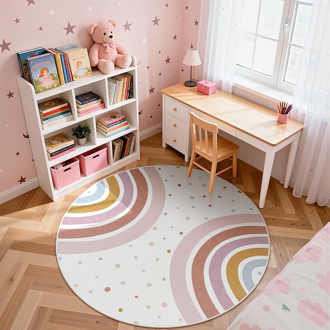 STARUIA Round Rainbow Nursery Rug, 5 Ft Washable Kids Rug for Playroom, Non-Slip Colorful Rugs for Classroom, Large Princess Rugs Soft Girls Bedroom Carpet for Kids Room Reading Nook