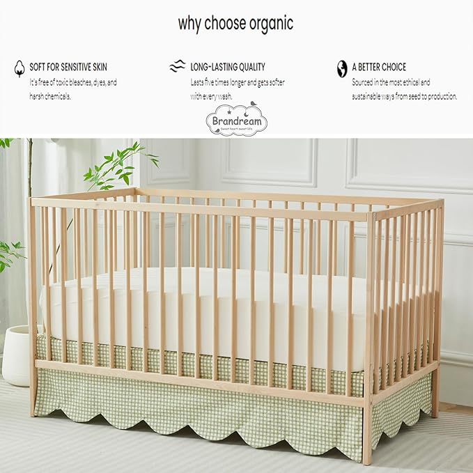 Brandream Scallop Edge Cotton Crib Skirt, Baby Boy Girl Gender Neutral Crib Skirt Toddler Bedskirt Farmhouse Chic Nursery Crib Bed Skirt, Boho Bohemian Green Gingham