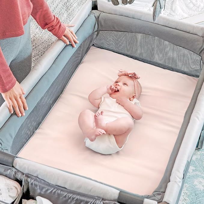 GRSSDER Mini Crib Sheets Fitted, Pack and Play Sheets 3 Pack, Ultra Soft Stretchy Pack N Play Sheets, Universal Fit for Playard Mattress, Jersey Crib Sheets for Girls, Cream/Pink