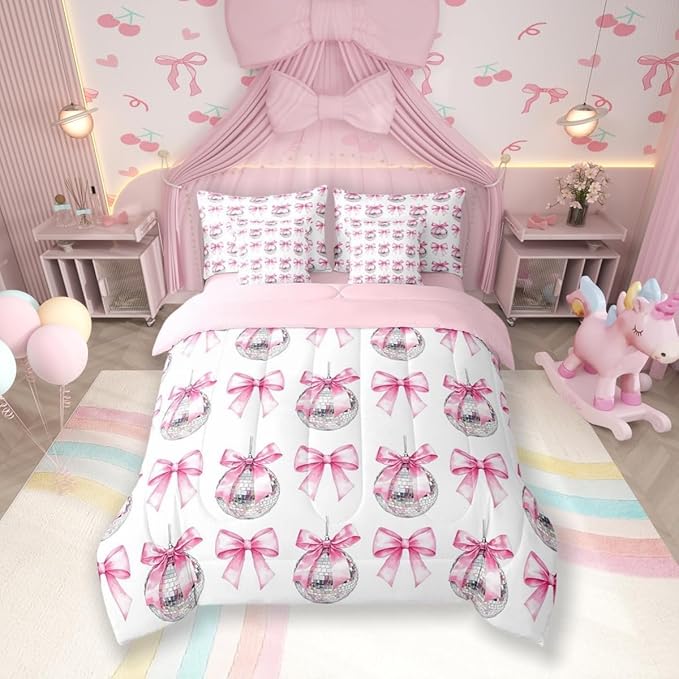 7 Pieces Cartoon Bowknot Kid Comforter Set Twin,Bow Tie Butterfly Knot Princess Bedding Set,Western Cowgirl Disco Ball Retro Pink White（Comforter+Fitted+Flat Sheet+2 Pillowcases+2 Throw Pillow Covers）