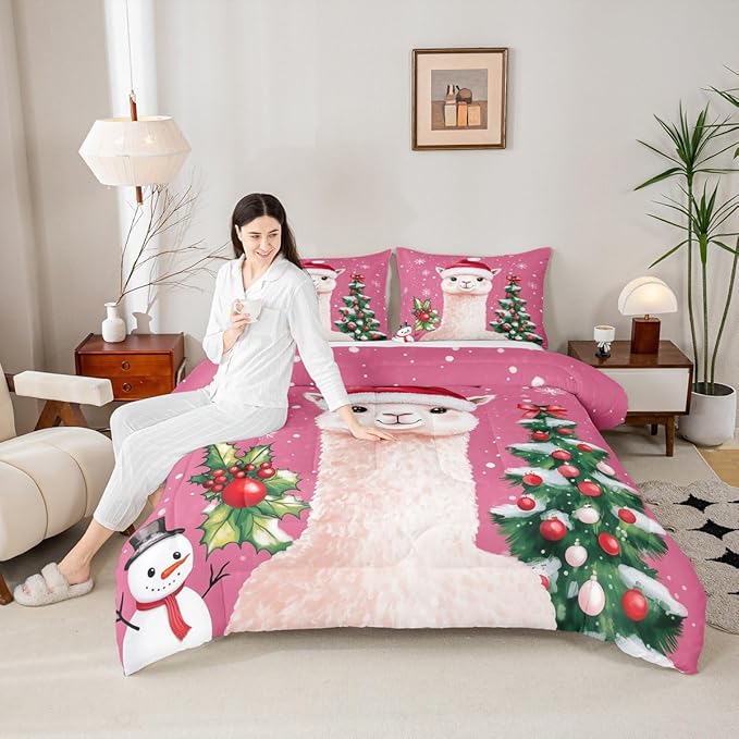 Feelyou Merry Christmas Bedding Set Soft for Boys Girls, Cute Llama Comforter Set Queen Size Snowflake Duvet Quilt Microfiber Christmas Tree Bedroom Decor 3 Pcs with 2 Pillow Cases