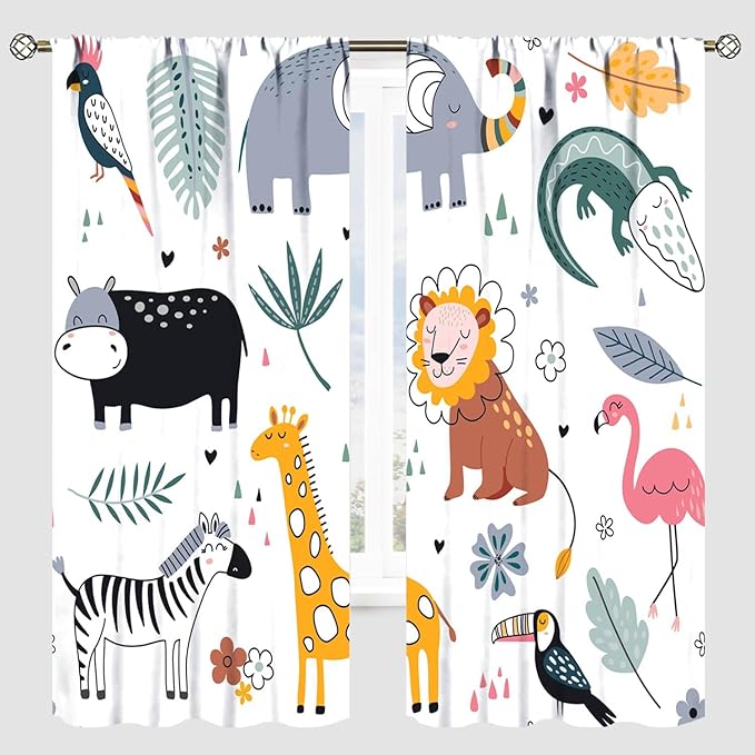 YCness Cartoon Forest Animals Curtains, Woodland Woodland Wild Giraffe Zebra Lion Hippopotamus Window Treatments for Kids Bedroom Living Room Home Nursery Drapes, 52x84 Inch