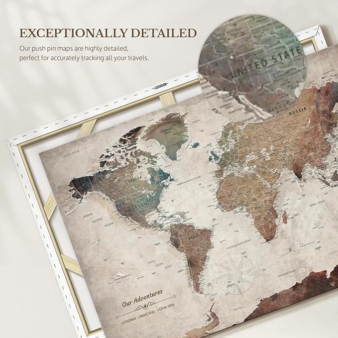 ElephantStock - Our Adventures World Map With Push Pin Iii Wall Art - Horizontal Canvas Wall Art - Living Room Wall Decor - Printmaking Map Canvas Art - Beige And Brown Decor - 39" x 26"