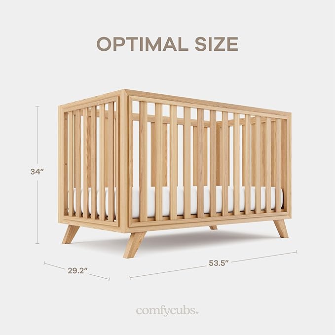 Comfy Cubs Baby Crib for 0 to 3 Years - Adjustable Mattress Height, Natural Wooden Crib for Baby, Elegant Nursery Furniture, Designed in The US - 80 lbs Capacity Nursery Bed - Natural Wood