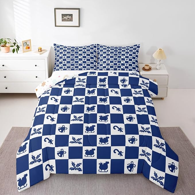 Feelyou Christmas Comforter Set All Season Checkered Pattern Bedding Set with 1 Pillow Cases Holiday Theme Kids Toddler Bedclothes Xmas Decor Room Decor Blue Duvet Quilt Breathable Soft Lightweight