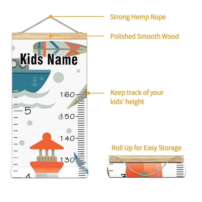 Personalized Kids Name Growth Chart Ruler for Wall Wood Frame Height Measure Chart 13.4x56 in Linen Hanging Height Growth Chart Nautical Tools Kids Room Decor