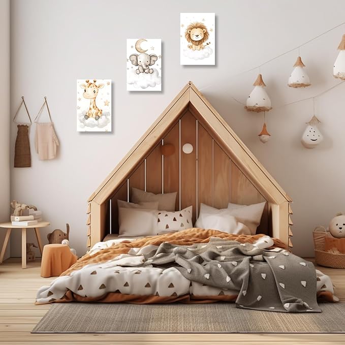 DOARTDO Nursery Animal Canvas Wall Art Baby Animal Pictures 3 Pieces Cute Elephant Lion Giraffe Print Painting Kids Room Nursery Decor Frame (12x16inchx3Pcs)