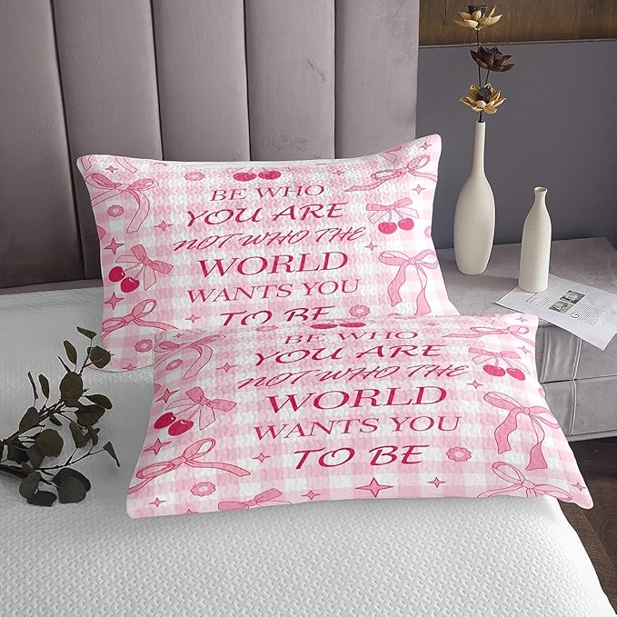Manfei Pink Bowknot Kids Bedspread Twin Size,Cherry Star Daisy Flowers Princess Coverlet Set,Girls Women Room Decor,Bow Tie Geometric Plaids Quilted Coverlet,Cute Dreamy Bedding Quilt,1 Pillowcase