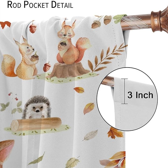 Fall Animails Curtains for Kids, Rustic Cute Woodland Wild Animal Window Treatments Watercolor Autumn Leaves Cartoon Fox Deer Window Drapes for Nursery Toddler Bedroom 63x72in