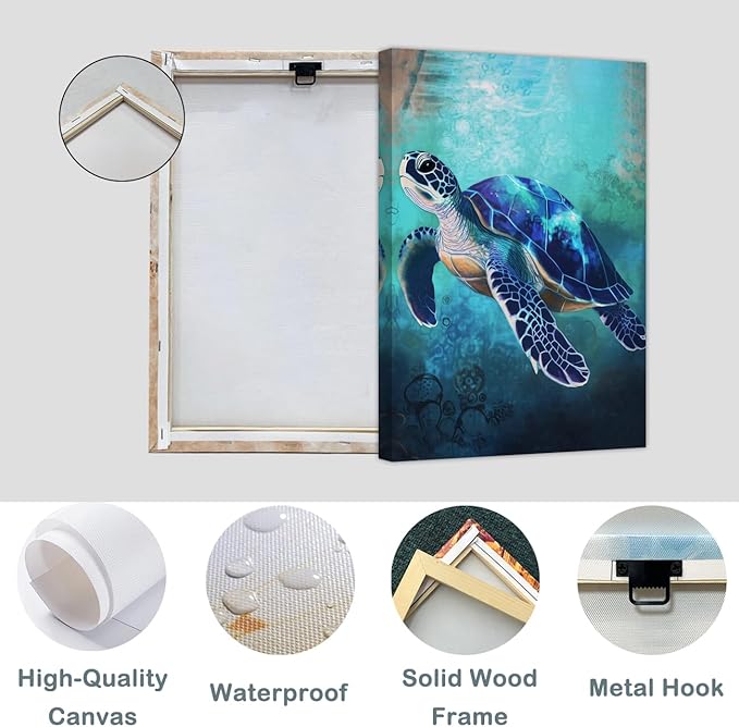 AWPANERAR Sea Turtle Wall Art Bathroom Pictures Watercolor Sea Life Canvas Prints Ocean Animal Poster Nautical Theme Artwork for Kids Room Nursery Decor Framed (Blue, (24L x 16W))