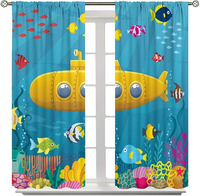 Boy Window Curtains Submarine Window Drapes Yacht Window Treatments Underwater World Oasis Thermal Drapes for Kids Girls Toddler Teens Room Dorm Decor Set 2 Panels,52x84 Inches, Style-1