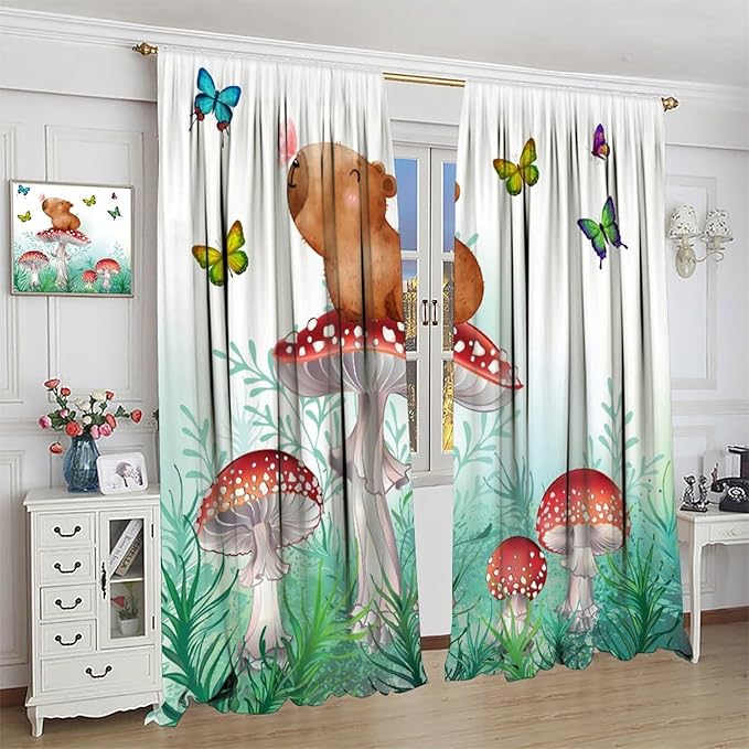 Cartoon Animals Curtains, Cute Butterfly Capybara Blackout Window Treatments, Rod Pocket Thermal Insulated Drapes 2 Panel Sets for Kids Bedroom Nursery Classroom, 42" W X 54" L
