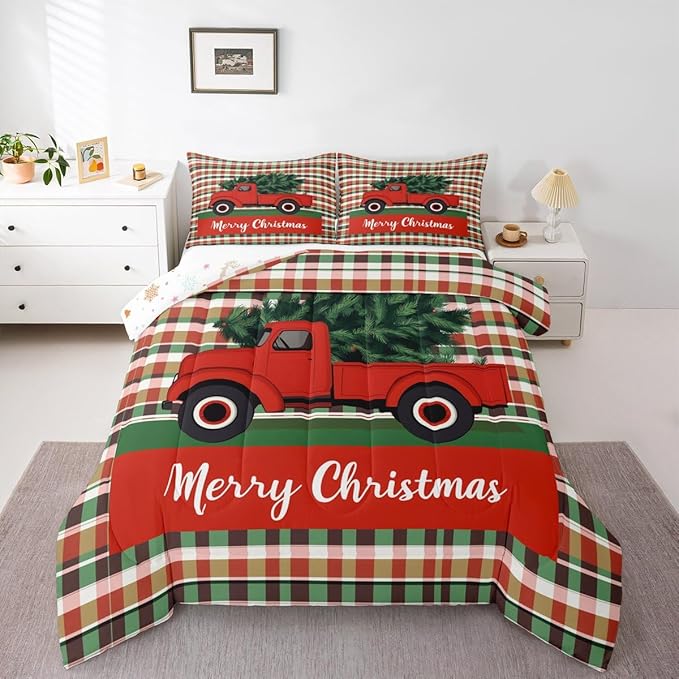Feelyou Merry Christmas Kids Comforter Set Full Size Christmas Tree Bedding Set Snowflake Duvet Quilt for Kids Boys Girls Bedroom Winter Decor Microfiber Ultra Soft Breathable