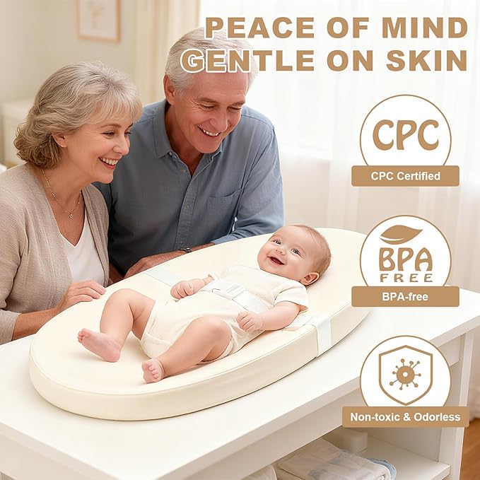 Baby Changing Pad for Dresser, with Wipeable Waterproof PU Cover, Contoured Diaper Changing Pad with Non-Slip Safety Belt, Portable Lightweight Changing Mat with Cushioned Foam, Beige