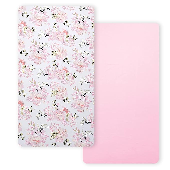 Little Grape Land Pack and Play Sheets Mini Crib Sheets Soft Breathable Pack N Play Sheets, Playard Fitted Sheet 2 Pack Stretchy Fits 38"x26" Playard Mattress, Pink Floral