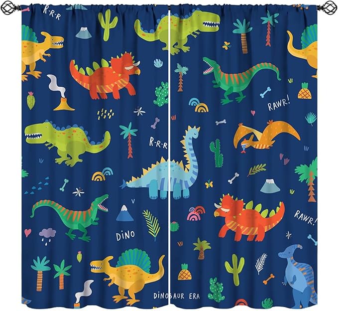 Funny Dinosaur Blackout Curtains Colorful Cartoon Animals Dino Tropical Plant Art Print for Kids Boys Bedroom Living Room Rod Pocket Decoration Window Drapes 2 Panels W21xL45in
