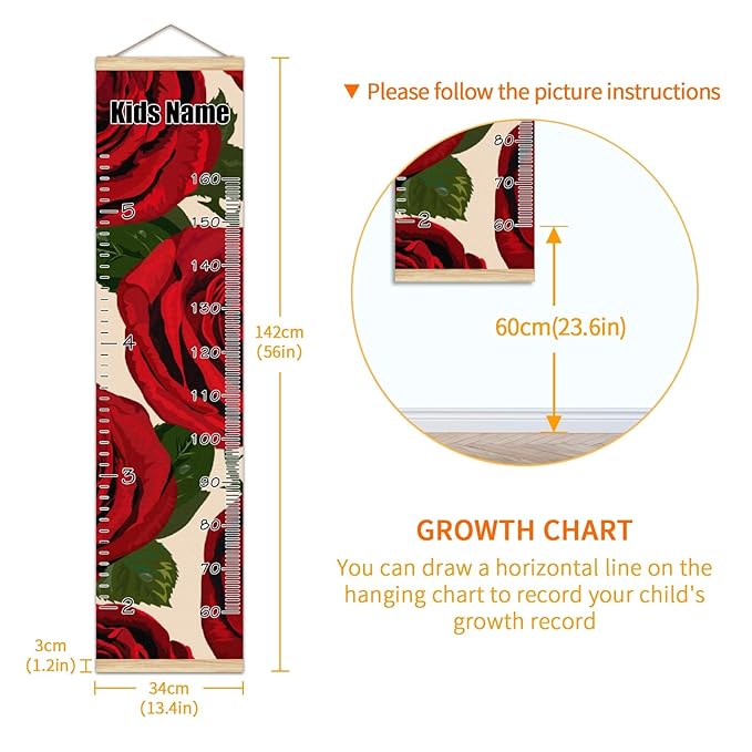 Personalized Kids Name Growth Chart Ruler for Wall Wood Frame Height Measure Chart 13.4x56 in Linen Hanging Height Growth Chart Vintage Red Rose Kids Room Decor