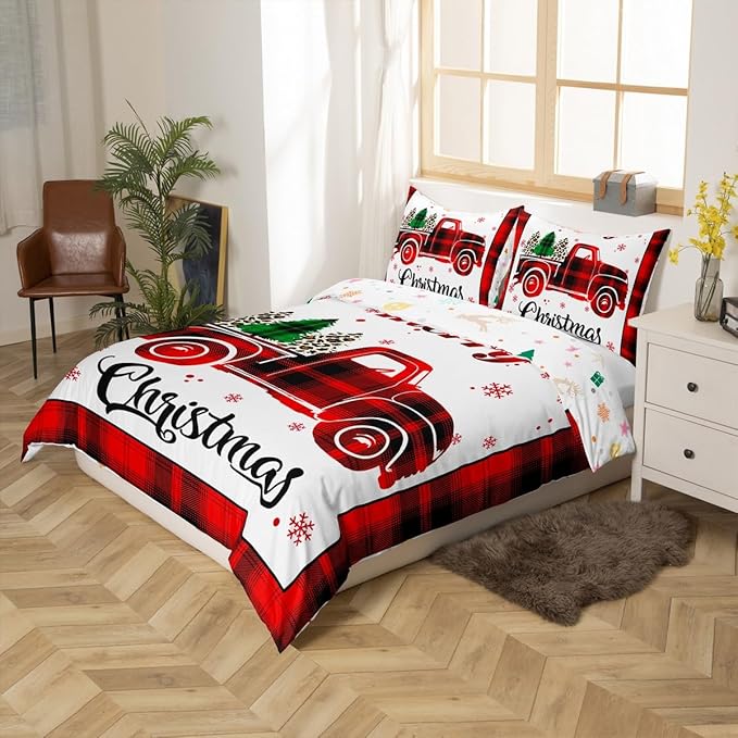 Xmas Truck Duvet Cover Set Twin Size, Christmas Tree Snowflake Print Bedding Set 2pcs for Kids Boys Girls Bedroom Decor, New Year Theme Red Plaid Print Comforter Cover with 1 Pillowcase,No Comforter