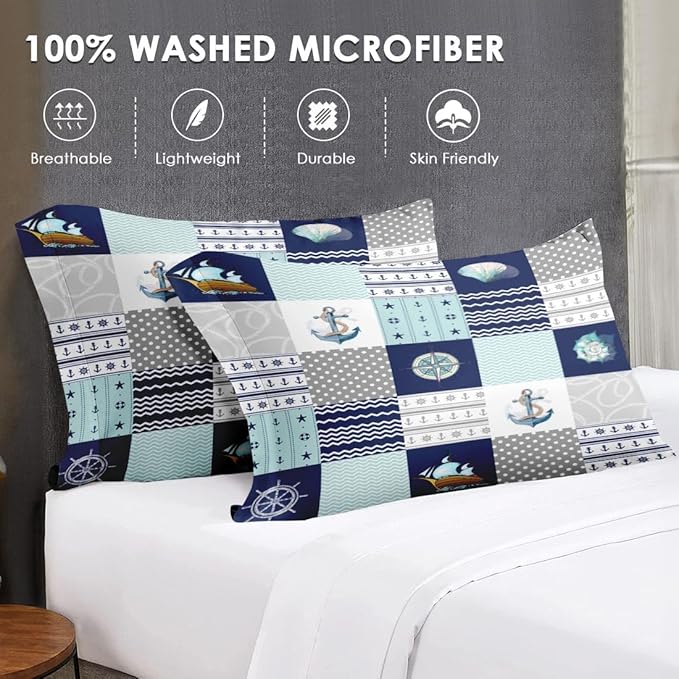 7 Pcs Full Size Comforter Set with 2 Pillowcases & 2 Shams, Nautical Blue Marine Summer Bedding for Kids and Adults, Sea Ocean Boat Plaid Bed in a Bag with Flat Fitted Sheet