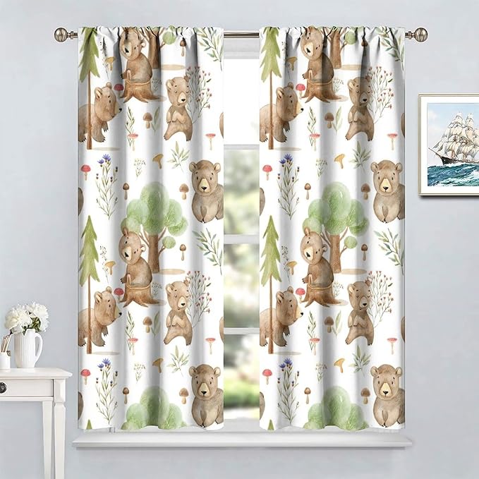 Forest Animal Curtains,Kids Home Bedroom Window Treatments, Cartoon Watercolor Bear Squirrel Woodland Animal Drapes 42x54 Inch