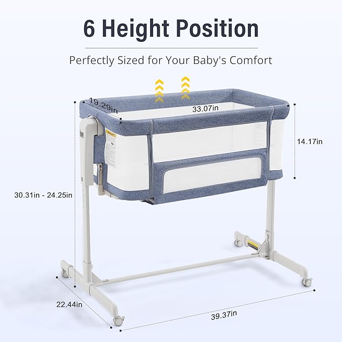 Baby Bassinet Bedside Sleeper 3-in-1, Easy Night Feeding with One-Side Fold & Rolling Wheels, Breathable Mesh, 6-Height Adjustable, Soft Mattress for Newborns
