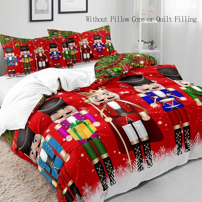 LUVIVIHOME 3PCS Christmas Nutcracker Duvet Cover King Bedding Set, Teens Boys Girls Kids Bedding, Christmas Balls Snowflake Winter Holiday Festival Xmas Gifts Red Comforter Quilt Cover, 2 Pillow Shams