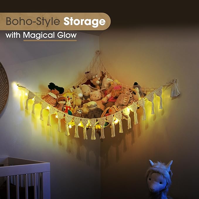 Extra Large Stuffed Animal Storage Hammock Corner with LED Lights – 25LB Capacity Hanging Toy Net for Small or Large Plushies, Boho Macrame Squishmallow, Plush Net, Blue
