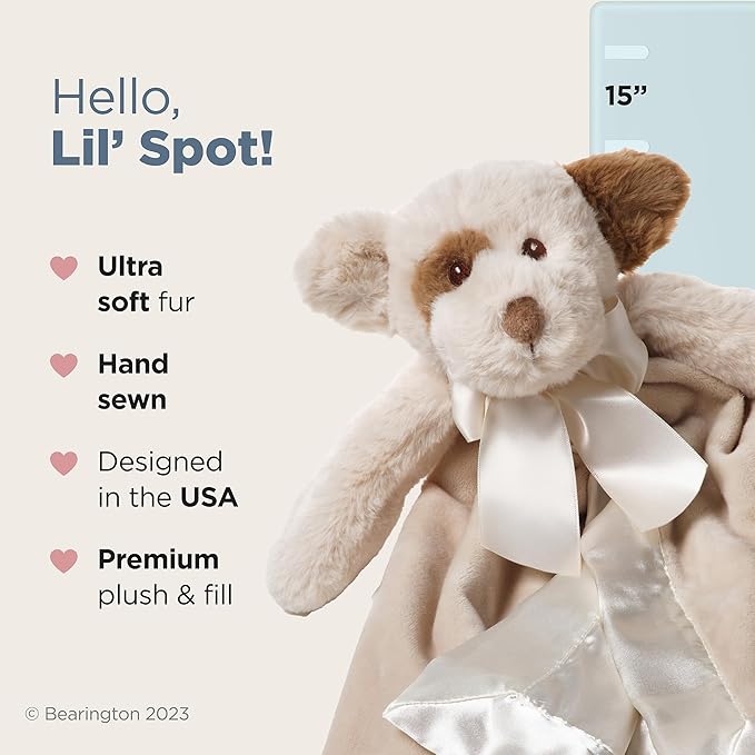 Bearington Lil' Spot Dog Loveys for Babies - 15" Soft and Cuddly Baby Security Blanket with Satin Trim - Adorable Puppy Snuggler Comfort Toy and Snuggle Buddy for Newborns, Nurseries, and Gifts