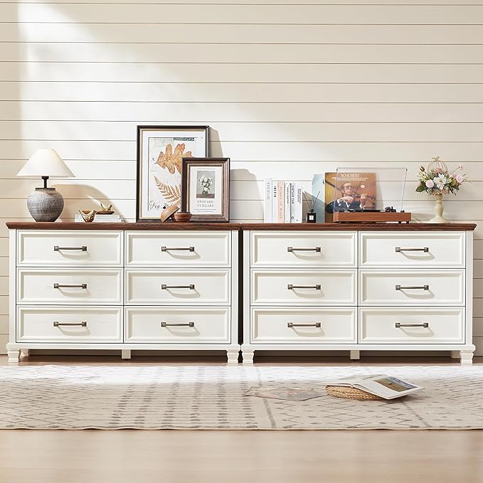 Farmhouse Wood 6 Drawer Dresser Set of 2, 54 inch Wide Large Vintage Chest of Drawers for Bedroom, Rustic Dressers TV Stand with Square Solid Wooden Legs for Living Room, Hallway, White