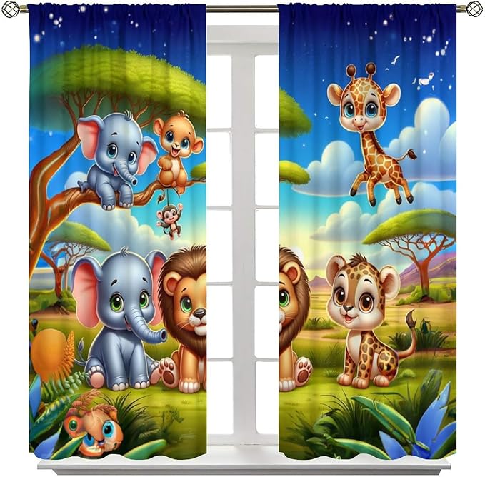 Jungle Safari Window Curtains for Kids Boys Girls Watercolor Cartoon Forest Animals Baby Living Room Bedroom Nursery Toddler Rod Pocket Drapes 63" W X 72" L