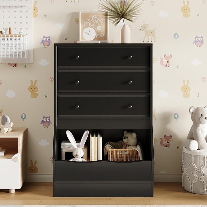 MHOM Toy Storage Organizer with Open Cube, Kids Bookshelf and Toy Storage with PU & Non-Woven Fabric Drawers, Small Book Shelf for Kids Rooms, Playroom and Nursery, Black