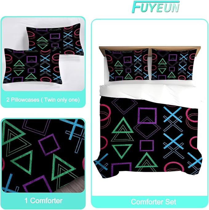 Game Bedding Set King Size Geometric Comforter for Kids Boys Men Black Abstract Bedroom Decor Quilt Bed Sets, 1 Comforter 2 Pillowcases
