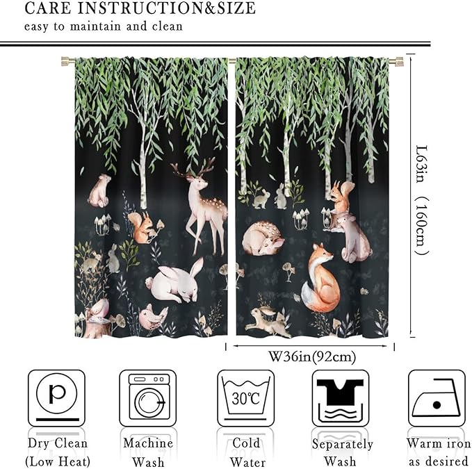 Forest Animal Curtains, Watercolor Cartoon Woodland Plants Animals Bears Moose Mushrooms Printed Curtains for Kids Boys and Girls Bedroom Window Drapes 72x63in
