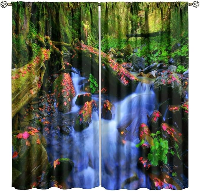 Forest Landscape Blackout Curtains, Natural River Rainforest Waterfalls Plant Print Pattern Window Drapes, for Bedroom Living Room 63" W X 72" L