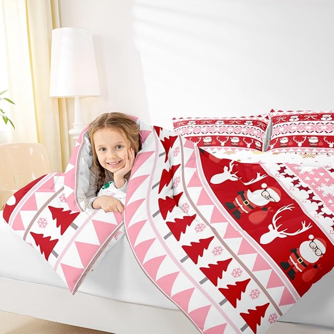 Feelyou Merry Christmas Tree Kids Comforter Set Queen Size Cute Snowman Bedding Set Santa Claus Duvet Quilt for Kids Boys Girls Bedroom Cartoon Bowknot Decor Microfiber Ultra Soft Breathable