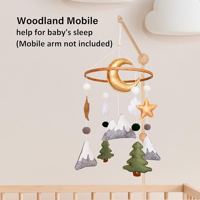 Woodland Baby Crib Mobile, Mountain Mobile for Crib for Boys & Girls, Neutral Nursery Mobile, Baby Shower Gift, with Moon, Trees, Stars & Clouds