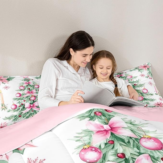Feelyou Pink Christmas Comforter Set Full Size Xmas Tree Bedding Set for Kids Boys Girls Xmas Ornaments Duvet Quilt Snowflake Bow Bedroom Decor Microfiber 3 Pcs with 2 Pillow Cases