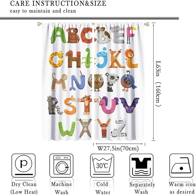 Kids Alphabet Curtains Cartoon Animal Baby Children Funny Learning Educational Curtain with Rod Pocket for Bedroom Nursery Decor Drapes Window Treatments 2 Panels Set 55x63in