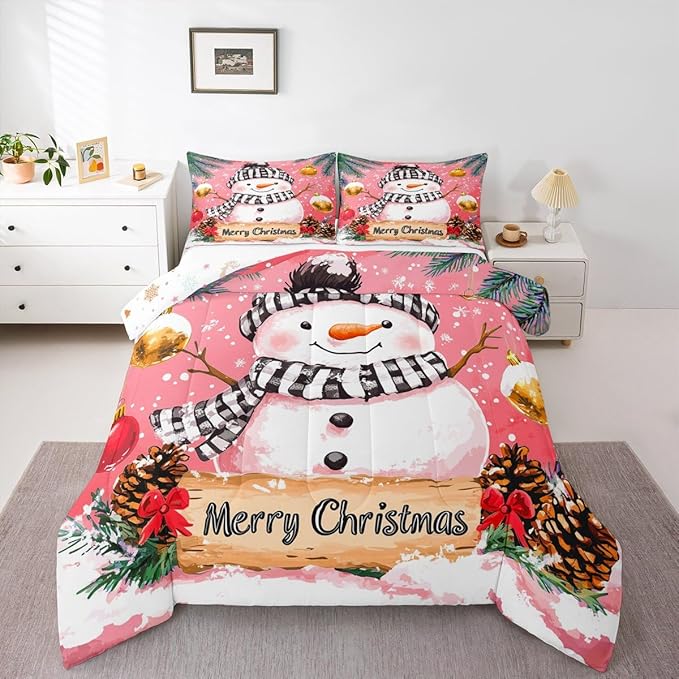 Feelyou Merry Christmas Kids Comforter Set Twin Size Cute Snowman Bedding Set Snowflake Duvet Quilt for Kids Boys Girls Bedroom Winter Decor Microfiber Ultra Soft Breathable