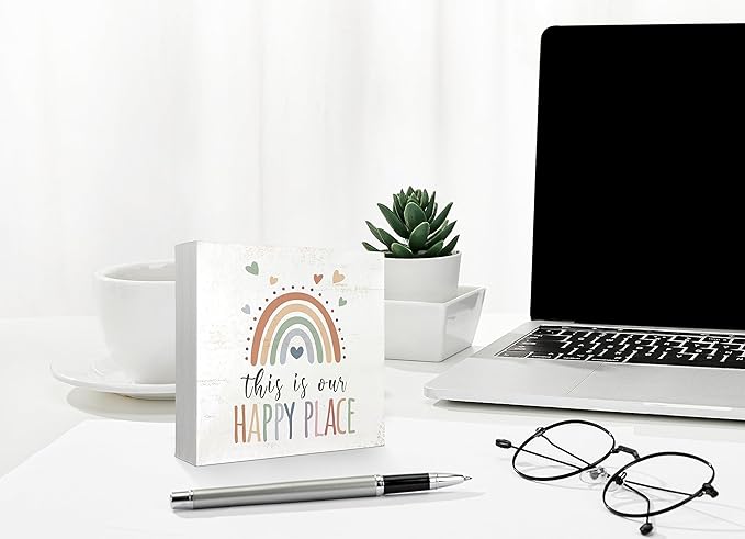 Mtrgdn Boho Rainbow Classroom Desk Decor,This Is Our Happy Place Wooden Box Sign for Nursery Playroom Classroom Homeschool Library Kids Room Desk Shelf Decoration,5x5 Inch