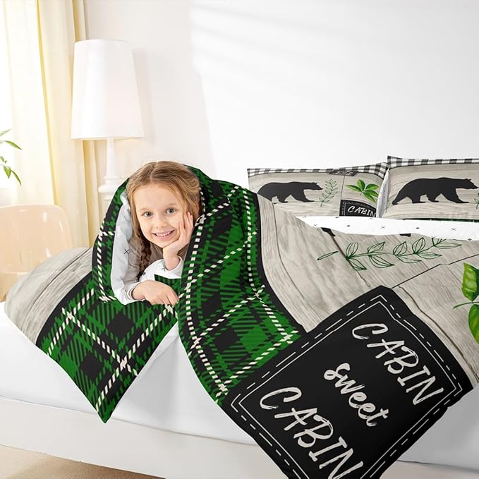 Bear Silhouette Kids Comforter Set King Size,Leaves Wooden Plank Bedding,Girls Boys Adults Bedroom/Xmas Cabin Decor,Geometric Grids Retro Down Comforter,Rustic Farmhouse Duvet Insert,2 Pillowcases