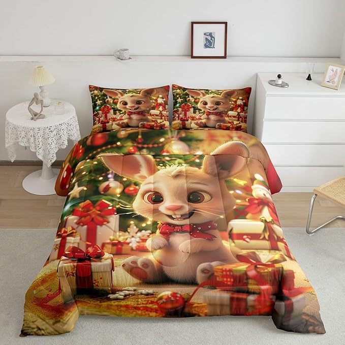 Cartoon Rabbit Comforter Set Twin Size,Merry Christmas Bedding Set for Kids Boys Girls Room Decor,Christmas Tree Star Snowflake Quilt Set 2Pcs,Cute Animal Xmas Fashion Duvet Insert,1 Pillowcase