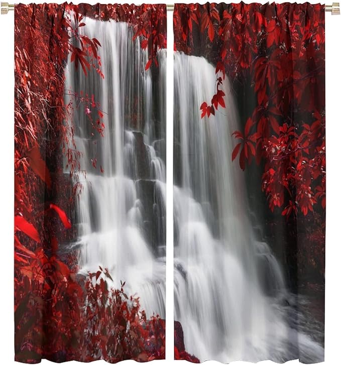 Red Forest Waterfall Blackout Windows Curtains, Waterfall Red Forest Black and Red Natural Landscape Print Window, for Living Room Bedroom 55x63in 2 Panels