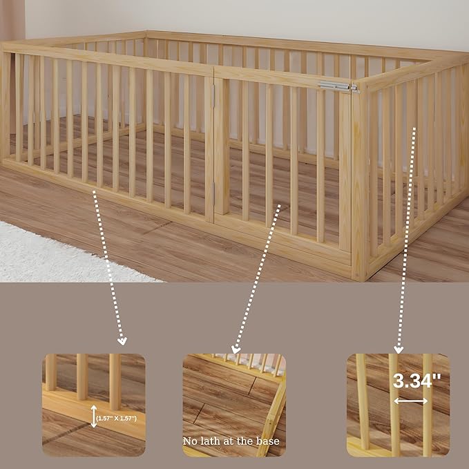 Montessori Floor Bed with Door On The Right Side for Toddler | Pine Wood Natural Solid Frame Beds | Sturdy Modern Design Floor Bed Frame for Boy and Girls (Crib, Height: 23.6 Inches)