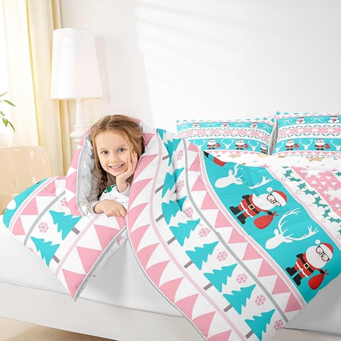 Feelyou Merry Christmas Tree Bedding Set Soft for Boys Girls, Cute Snowman Comforter Set Queen Size Santa Claus Duvet Quilt Microfiber Cartoon Bowknot Bedroom Decor 3 Pcs with 2 Pillow Cases