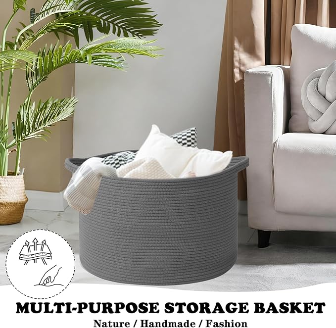 Large Blanket Basket for Organizing,115L Closet Organizers and Storage Bins Box for Shelves Woven Rope Storage Baskets,Living Room,Bedroom,Dorm,Laundry room (Dark Grey)