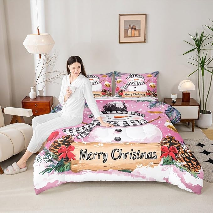 Feelyou Merry Christmas Bedding Set Soft for Boys Girls, Cute Snowman Comforter Set Queen Size Snowflake Duvet Quilt Microfiber Winter Bedroom Decor 3 Pcs with 2 Pillow Cases