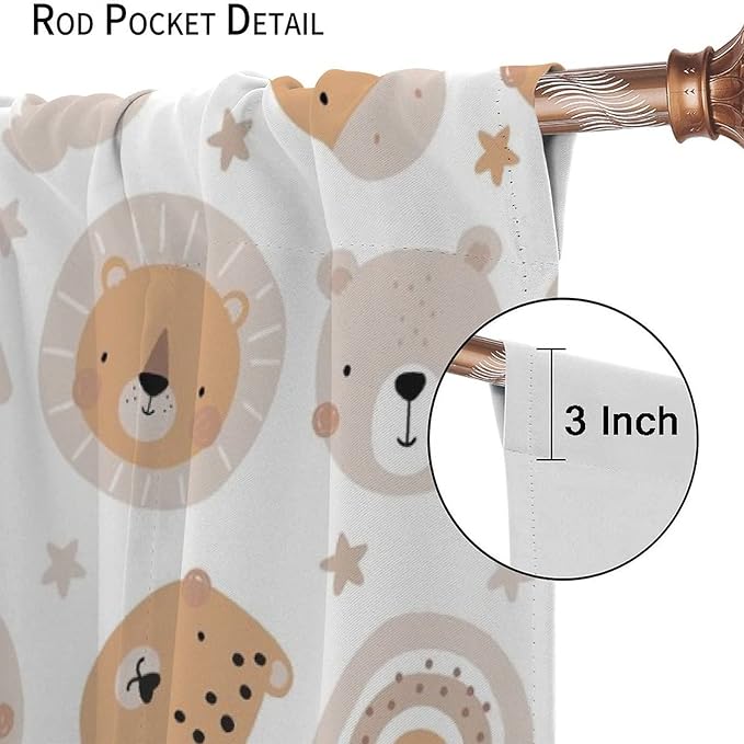 Cartoon Boho Animal Curtains,Funny Forest Safari Print,Cute African Wildlife Koala Giraffe Lion Leopard Bear Rainbow Blackout Window Drapes for Boys Girls Kids Baby Child Bedroom 55x63in