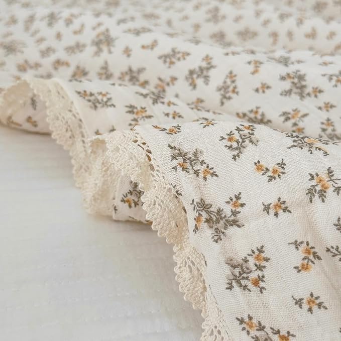 BuLuTu Cotton Muslin Toddler Girls Boys Quilted Blanket with Lace Edges, Soft Lightweight Baby Quilt, Chic Shabby Floral Crib Comforter, 47x59 Inches, Osmanthus Print, All Seasons
